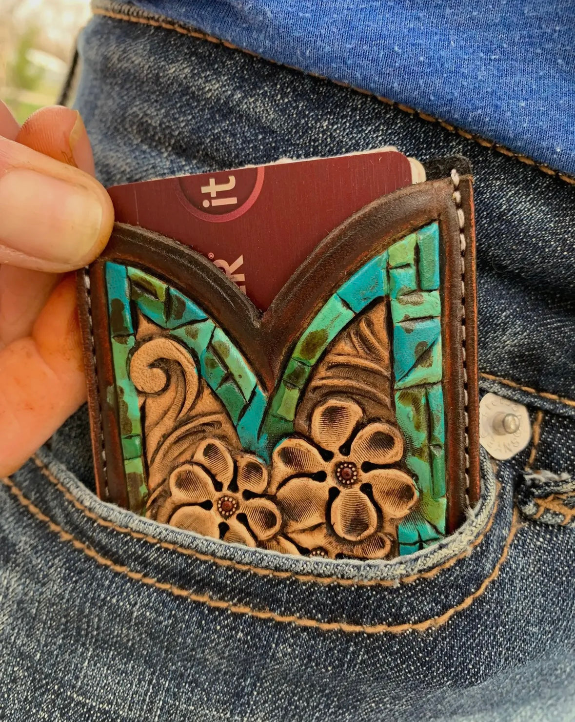 Petite Flower Turquoise Border Front Pocket Tooled Wallet