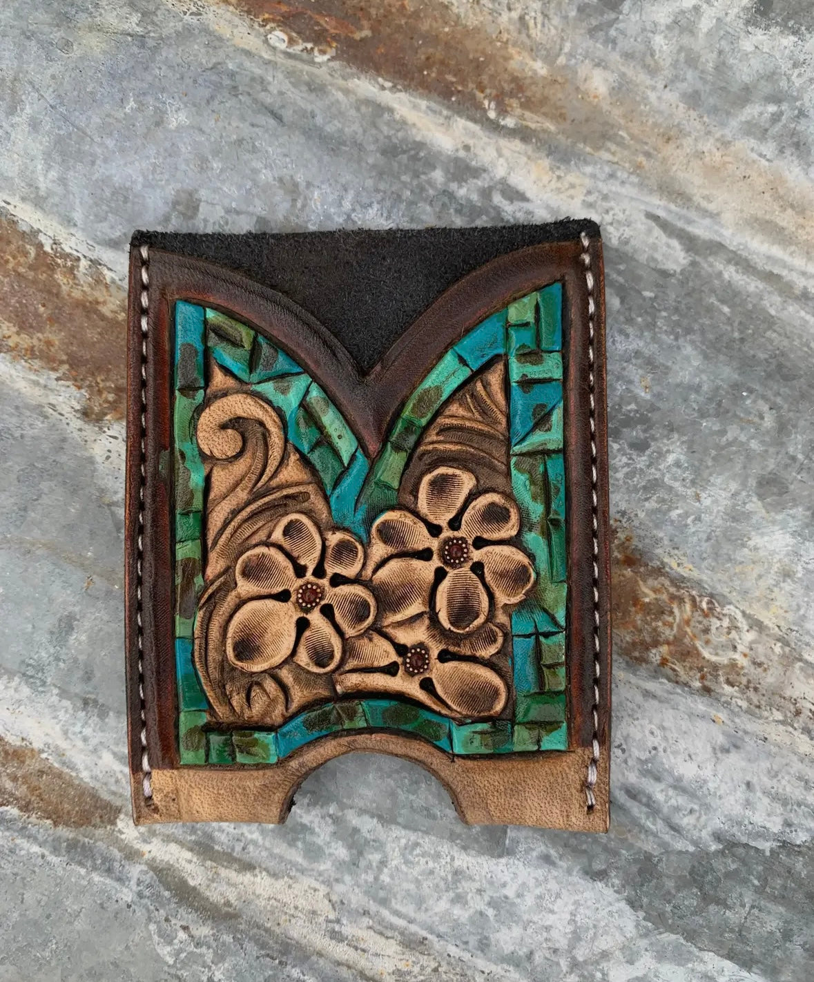 Petite Flower Turquoise Border Front Pocket Tooled Wallet