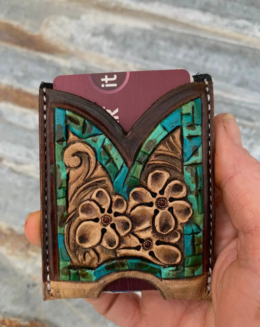 Petite Flower Turquoise Border Front Pocket Tooled Wallet